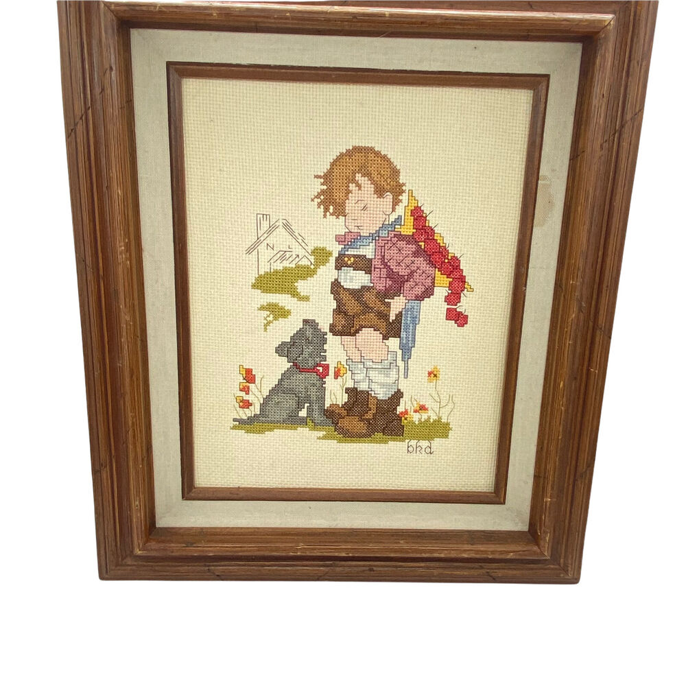 Boy And Dog Cross Stitch Vtg Handmade Multicolor Decorative Art 14"x12"